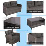 NNECW 4 Piece Patio Wicker Furniture Set with Glass Coffee Table and Removable Cushions-Grey