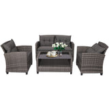 NNECW 4 Piece Patio Wicker Furniture Set with Glass Coffee Table and Removable Cushions-Grey