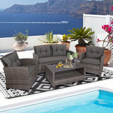 NNECW 4 Piece Patio Wicker Furniture Set with Glass Coffee Table and Removable Cushions-Grey