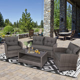 NNECW 4 Piece Patio Wicker Furniture Set with Glass Coffee Table and Removable Cushions-Grey