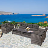 NNECW 4 Piece Patio Wicker Furniture Set with Glass Coffee Table and Removable Cushions-Grey