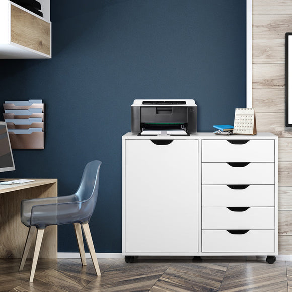NNECW Mobile Storage Unit with 5 Drawers and Cupboard-White