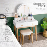 NNECW Dressing Table Stool Set with Makeup Mirror for Bedroom-White