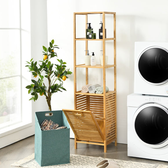 NNECW Bamboo Tower Hamper Organizer with 3-Tier Storage Shelves for Bathroom