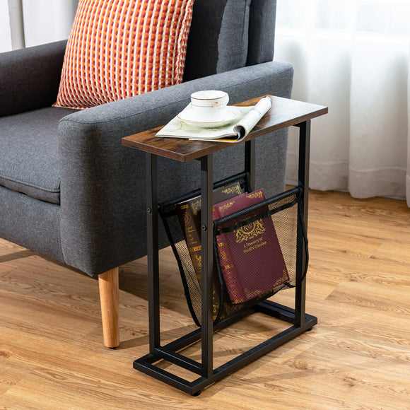 NNECW  2-Tier Industrial End Table with Mesh Magazine Holder Sling for Living Room/Bedroom/Office