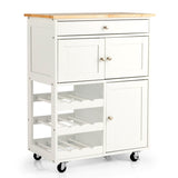 NNECW Rolling Kitchen Cart with 3 Tier Wine Racks and Cupboards-White
