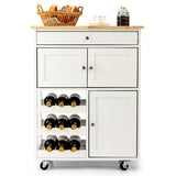 NNECW Rolling Kitchen Cart with 3 Tier Wine Racks and Cupboards-White