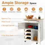 NNECW Rolling Kitchen Cart with 3 Tier Wine Racks and Cupboards-White