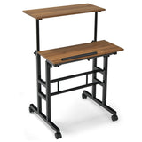 NNECW Mobile Stand up Computer Desk with 2 Tilting Desktops for Office Black