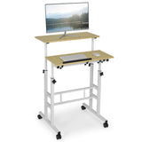 NNECW Mobile Stand up Computer Desk with 2 Tilting Desktops for Office-Natural
