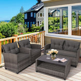 NNECW 4 Piece Patio Wicker Furniture Set with Glass Coffee Table and Removable Cushions-Grey