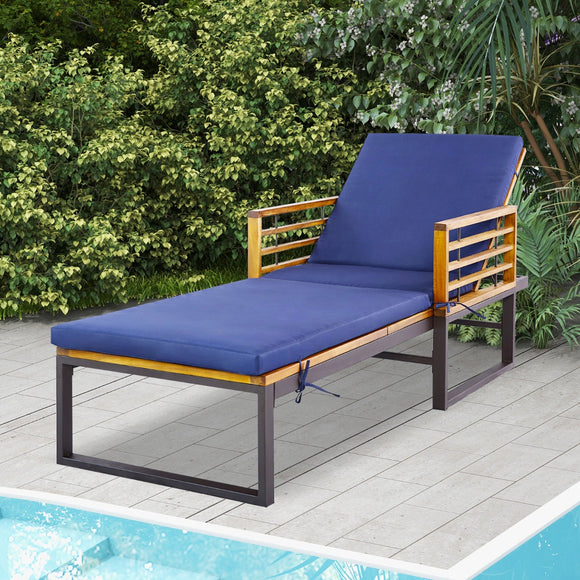 NNECW Patio Chaise Lounge Chair with Acacia Wood with Armrests for Poolside
