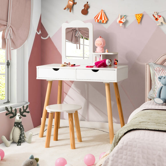 NNECW 2-in-1 Kids' Vanity Set with 1 Rectangular Mirror & 2 Large Drawers