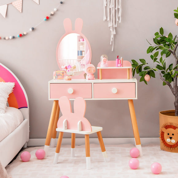 NNECW Kids Vanity Dressing Table Stool Set with Mirror Drawers