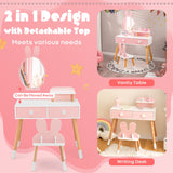 NNECW Kids Vanity Dressing Table Stool Set with Mirror Drawers