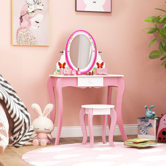 NNECW Kids Makeup Dressing Desk Set with 360° Rotating Mirror for Girls