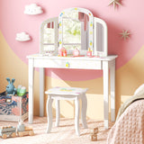 NNECW Kids Vanity Table and Chair Set with Tri-Folding Mirror for Kids Aged 3+ Years Old
