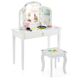 NNECW Kids Vanity Table and Chair Set with Tri-Folding Mirror for Kids Aged 3+ Years Old
