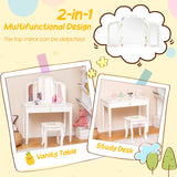 NNECW Kids Vanity Table and Chair Set with Tri-Folding Mirror for Kids Aged 3+ Years Old