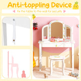 NNECW Kids Vanity Table and Chair Set with Tri-Folding Mirror for Kids Aged 3+ Years Old