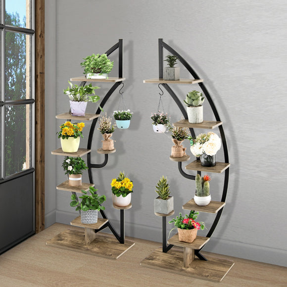 NNECW 6-Tier Metal Curved Half Moon Shape Plant Stand Rack with Top Hook-2 pieces