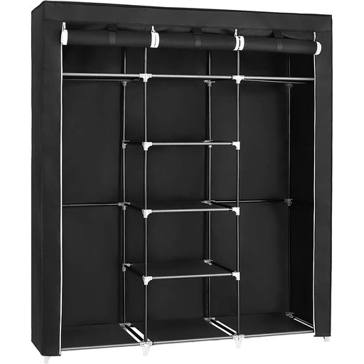 NNEWDS Folding Wardrobe Fabric Cabinet with 2 Clothes Rails Black