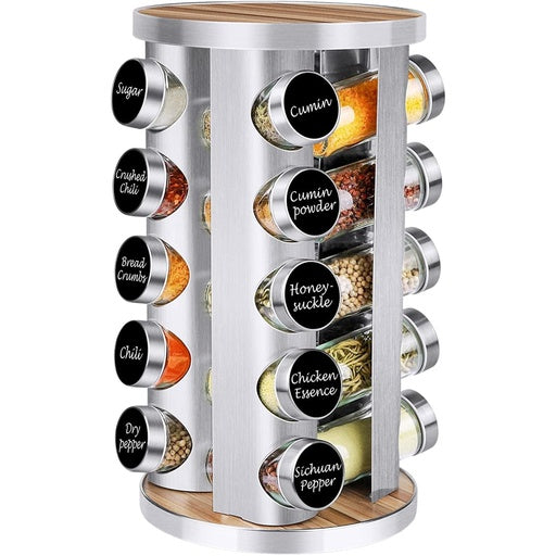 NNEWDS Rotating Spice Rack Organizer (20 Jars) with Label Sticker and Silicone Funnel