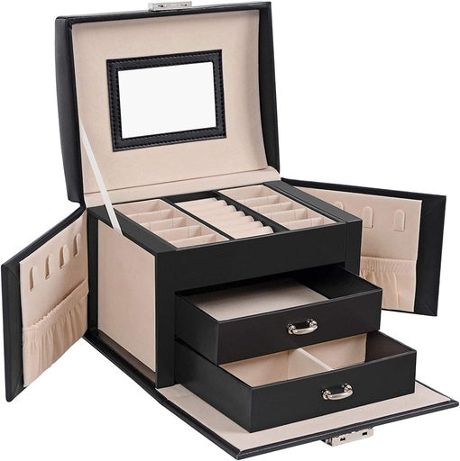 NNEWDS Lockable Jewellery Box Case with 2 Drawers and Mirror Black