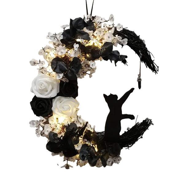 NNETM Gothic Cat Moon Wreath Door Hanging Decor