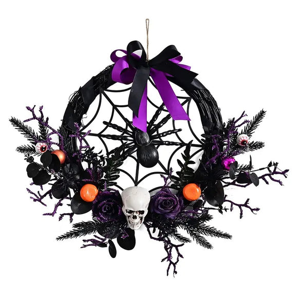 NNETM Halloween Wreath Skull and Purple Flower Door Decor