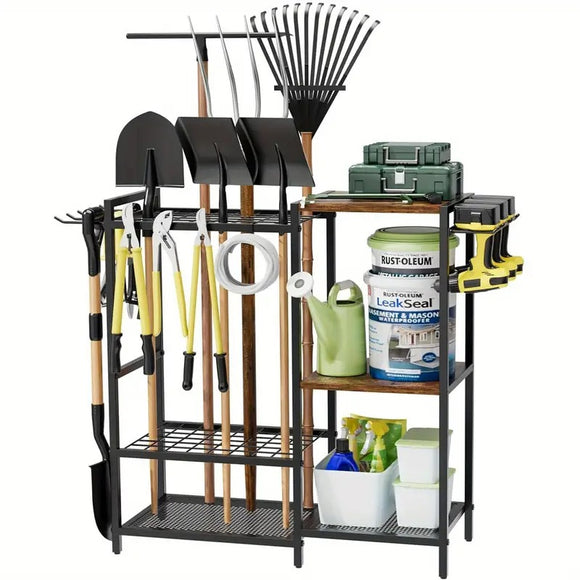 NNETM Garden Tool Rack with Wooden Shelves