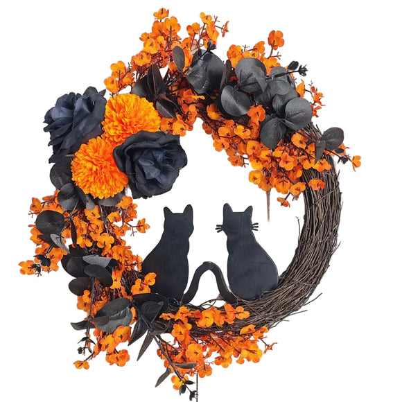 NNETM Halloween Moon Wreath Black Cat Door Decoration