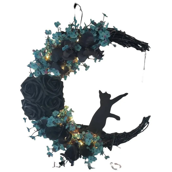 NNETM Gothic Cat Moon Wreath Halloween Door Decor
