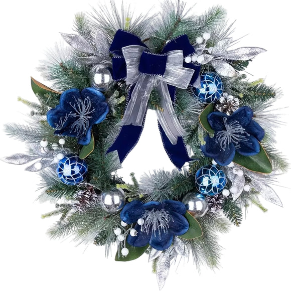 NNETM Large Artificial Christmas Wreath with Blue Bow