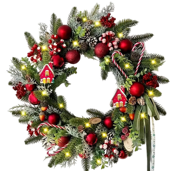 NNETM Christmas Wreath with Red Berries, Pine Cones & Candy Accents