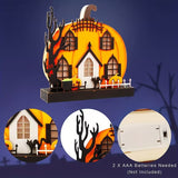 NNETM Wooden Lighted Pumpkin House Halloween Tabletop Decoration