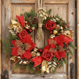 NNETM Front Door Christmas Wreath with Red Flowers