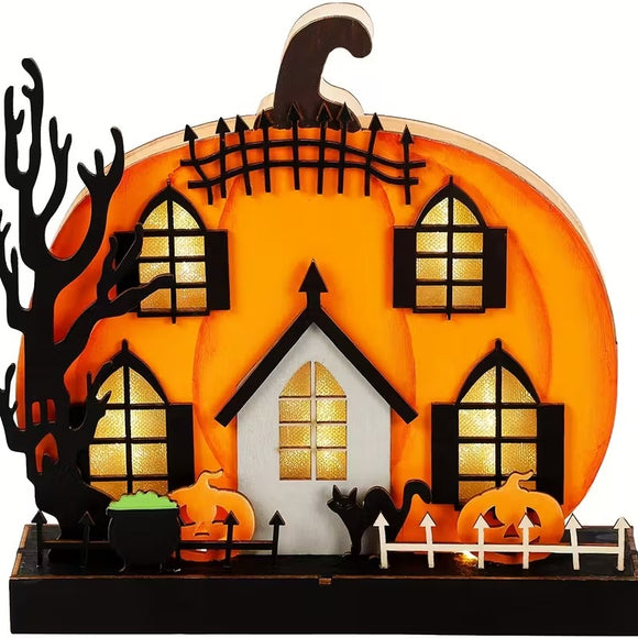 NNETM Wooden Lighted Pumpkin House Halloween Tabletop Decoration