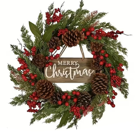 NNETM Farmhouse Christmas Wreath with Pine Cones & Berries