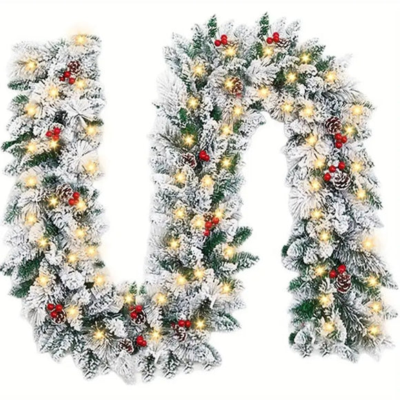 NNETM Faux Vine Garland with 50 LED Lights & Red Berries