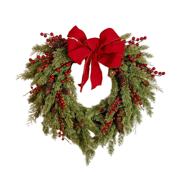 NNETM Pine Needle Red Berry Wreath with Heart Bow