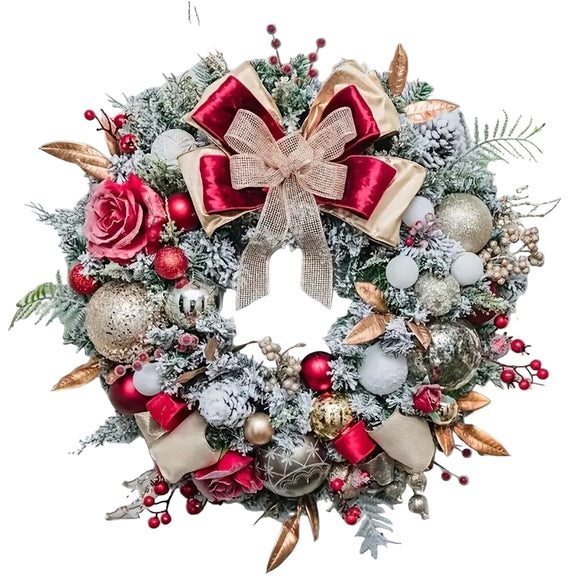 NNETM Red and Gold Christmas Wreath with Glittering Bow