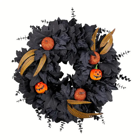 NNETM Halloween Black Pumpkin Maple Leaf Door Wreath