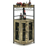NNECW Industrial Corner Bar Cabinet with Glass Holder and Adjustable Shelf-Brown
