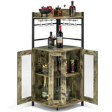 NNECW Industrial Corner Bar Cabinet with Glass Holder and Adjustable Shelf-Brown