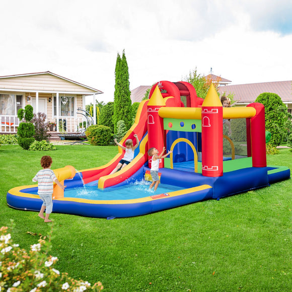 NNECW 9-in-1 Inflatable Bounce Castle with Waterslide for 3+ (with 680W Blower)