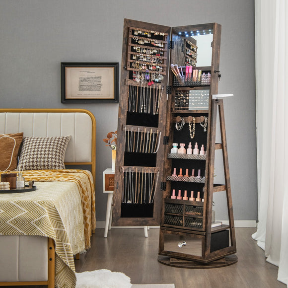 NNECW Swivel Jewelry Cabinet with Full-Length Mirror for Bedroom-Coffee