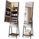 NNECW Lockable Freestanding Jewelry Organizer with Full-Length Frameless Mirror-Brown