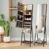 NNECW Lockable Freestanding Jewelry Organizer with Full-Length Frameless Mirror-Brown