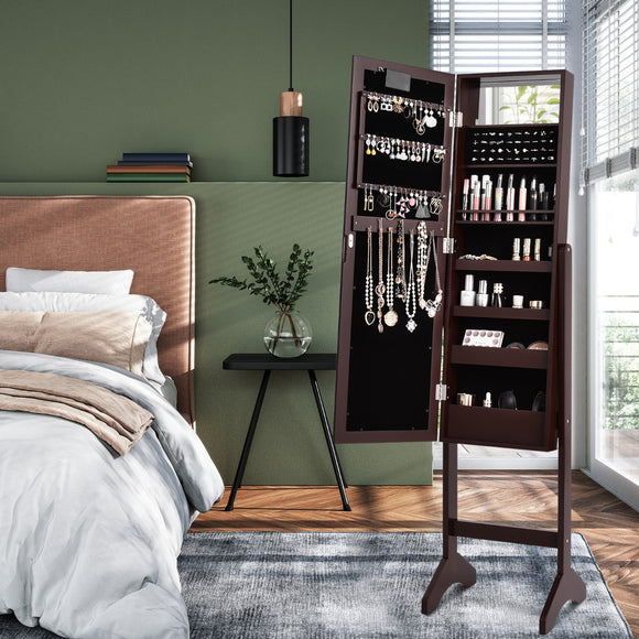 NNECW Standing Jewelry Armoire with 18 LED Lights and Mirror-Brown